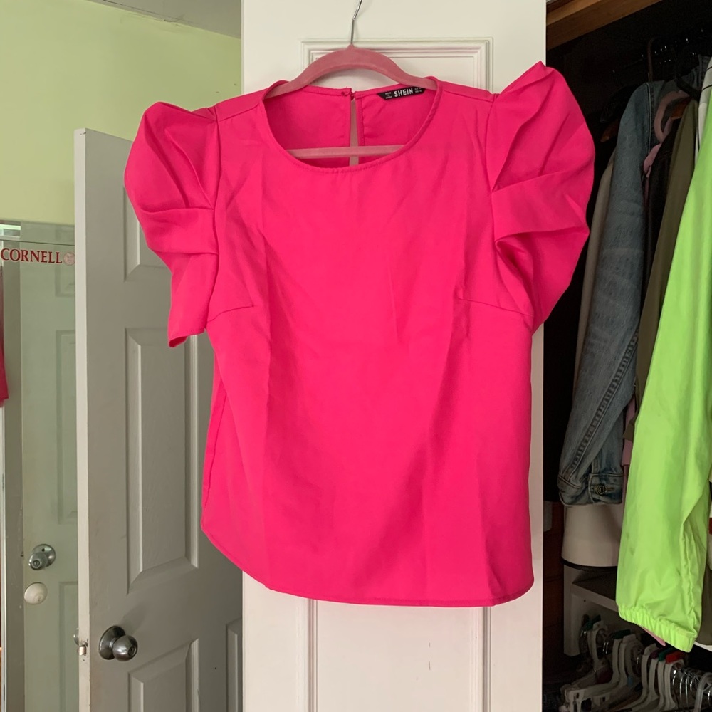 SHEIN NEON PINK PUFFER SLEEVE TOP